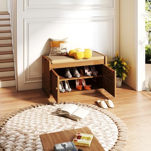 Wilk Shoe Storage Bench, 2-Tier Shoe Cabinet with Padded Seat Cushion, Bamboo Entryway Bench with 2 Doors (31.49’’(L) x13.78’’(W) x18.9''(H)) - size: 31.49" (L) x 13.78" (W) x 18.9" (H)