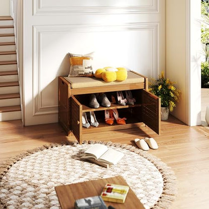 Wilk Shoe Storage Bench, 2-Tier Shoe Cabinet with Padded Seat Cushion, Bamboo Entryway Bench with 2 Doors (31.49’’(L) x13.78’’(W) x18.9''(H)) - size: 31.49" (L) x 13.78" (W) x 18.9" (H)