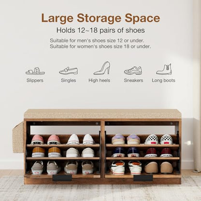 HOMMPA Shoe Storage Bench, Entryway Bench with Shoe Storage & 2 Flip Drawer & Seat Cushion, Rattan Hidden Shoe Rack Bench, Wooden Entry Way Shoe Cabinet for Hallway, Bedroom, Mudroom