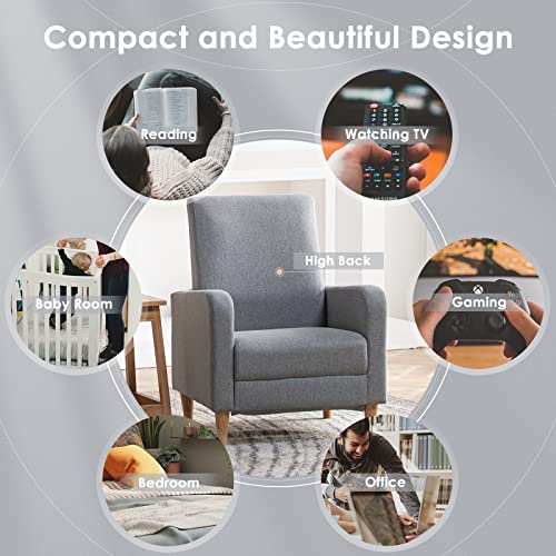 COLAMY Mid-Century Modern Accent Chair, Fabric Upholstered Living Room Chair with Back Pillow & Solid Wood Legs, Comfy Armchair for Living Room, Bedroom, Single Sofa, Grey - color: Grey, size: Set of 1