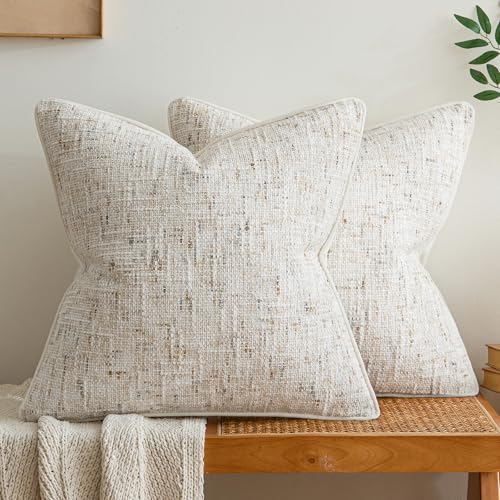 a moment Beige Reversible Pillow Covers 2 Pack - Farmhouse Chenille Velvet Throw Pillows, Neutral Textured Decorative Throw Pillow Covers with Border for Couch Sofa Bed (22x22 Inch, No Insert) - color: Beige, size: 22" x 22" (Pack of 2)