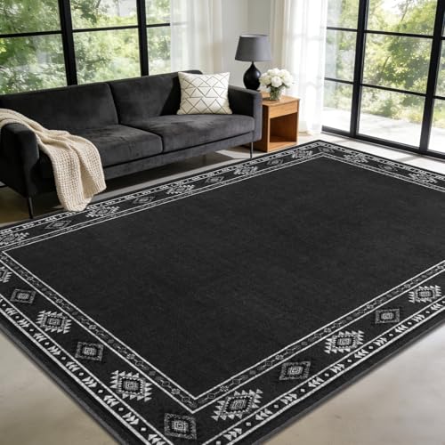 Large Geometric Area Rugs for Living Room Bedroom 5x7 Dark Grey Rug | Ultra Soft Washable Non Slip Stain Resistant Modern Low Pile Indoor Bordered Carpet for Nursery Home Decor Solid Aesthetic - color: Dark Grey, size: 5x7 Feet