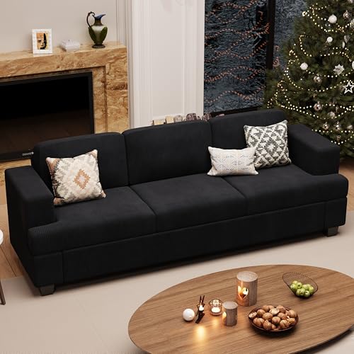 3 Seater Corduroy Couch for Living Room, 89” Black Cloud Sofa, Deep Seat Floor Couch for Bedroom, Futon Modern Sofa Sectional Bed, Black Corduroy - color: Black Corduroy, size: 89" 3-Seater