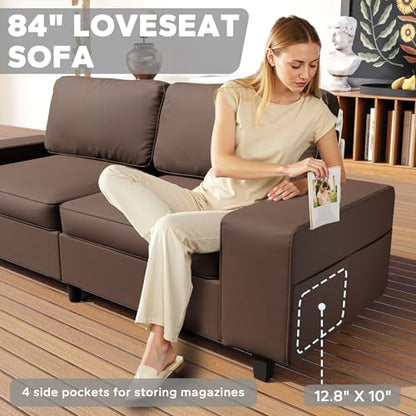 84" Loveseat Couch, 3 Seater Leathaire Sofa with 4 Side Pockets, Removable and Washable Cushions, Living Room，Apartment, Office (Coffee) - color: Coffee Leathaire, size: 84 "