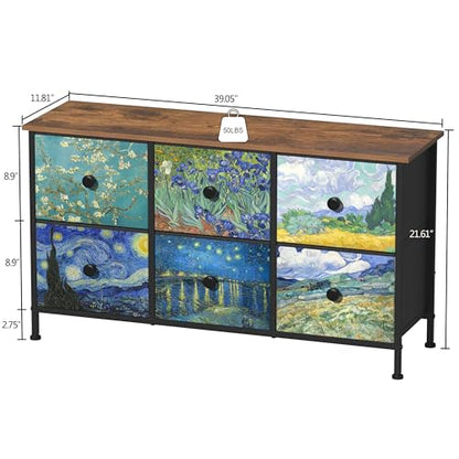 EXOTICA 6 Drawer Dresser for Bedroom Van Gogh Chest of Drawers Wide TV Stands Fabric Storage Drawer Unit for Living Room Entryway Closet Sturdy Steel Frame Wood Top - size: 39"D x 11.8"W x 21.7"H (6 Drawers)