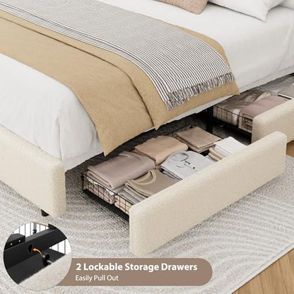 GarveeHome Bed Frame with 2 Storage Drawer, Cream Beige, King | Teddy Fleece Thick Upholstered Platform Bed Frame with Adjustable Headboard, No Box Spring Needed - size: King