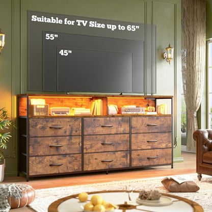 Romorgniz 55" W Dresser for Bedroom with 9 Drawers LED TV Stand with Power Outlets for 45, 55, 65 Inch TV Sturdy Long Chest of Drawers with Extra 2 Wooden Shelves Steel Frame Rustic Brown - color: Rustic Brown