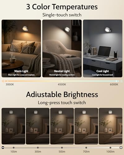 LED Wall Mounted Lights, Rechargeable Wall Sconces, 3 Color Temps, Remote & Touch, 360° Rotating and Dimmable for Bedroom, Bedside & Reading (White, 2 Pack) - color: White
