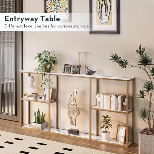 WOHOMO 63 in Entryway Table Modern Sofa Table with Shelves White Gold | 12 Inch Narrow Console Table for Living Room, 63" Hallway Table for Corridor, with 3-Tier Storage - color: White Gold, size: 63"