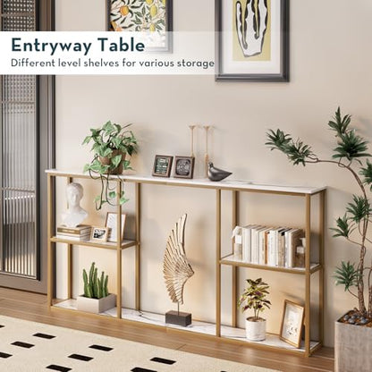 WOHOMO Folding Desk, Small Foldable Desk and Narrow Console Table with Storage,3 Tire Long Sofa Table Behind Couch
