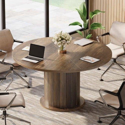 Tribesigns 47-Inch Round Conference Table with Sturdy Pedestal for 4-6 | Rustic Meeting Table with Thick Tabletop, Circular Office Table for Conference Room, Meeting Room, Home Office, Brown