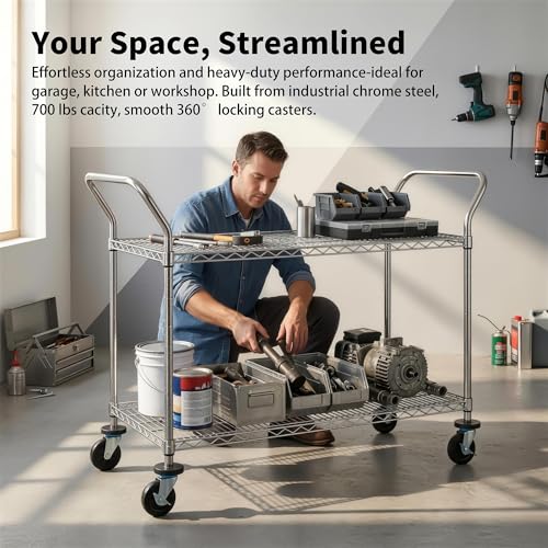 Finnhomy 2-Tier Commercial Grade Rolling Cart, Heavy Duty Utility Cart, Carts with Wheels and Handles, Kitchen Cart on Wheels, Metal Serving Cart with 700 lbs Capacity, Shelf Size 24" D x 48" W, NSF - size: 23.6"D x 55.1"W x 39.3"H