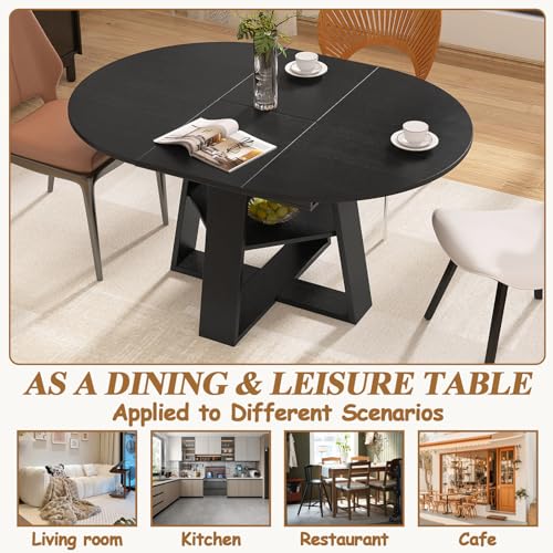 Modern Round Dining Table for 4-8, 43-59" Extendable Oval Dining Table with Leaf, Kitchen Table with Storage Shelf & Wood Cross Base, Circle Tables for Living Room Kitchen, Space Saving (Black) - color: Black