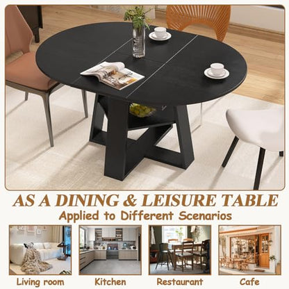 Modern Round Dining Table for 4-8, 43-59" Extendable Oval Dining Table with Leaf, Kitchen Table with Storage Shelf & Wood Cross Base, Circle Tables for Living Room Kitchen, Space Saving (Black) - color: Black