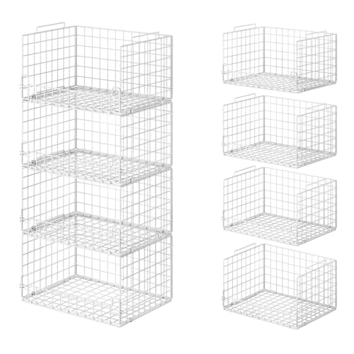 4-Tier Stackable Closet Organizers and Storage Basket - Foldable Closet Shelf Organizer System, Sturdy Metal Space-Saving Clothes Storage Bins for Wardrobe, White - color: White, size: 4-Tier