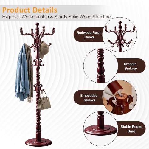 Heavy Duty Coat Rack Stand Freestanding Coat Tree for Small Space,mahogany | Birch Wood Main Pole,Multifunctional,14 Hooks and 1 Round Base,for Hallway,Bedrooms,3 Height Adjustable(48.8-72.3") - color: Mahogany