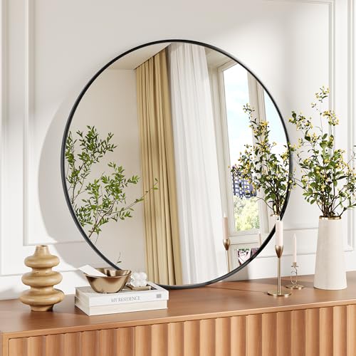 IDEALHOUSE 18 Inch Round Bathroom Mirror, Black Aluminum Frame Mirror | Rust Resistant Aluminum Frame / Modern Round Mirror Design / Easy Wall Mount Installation - color: Black, size: 18"L x 18"W