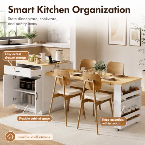 Kitchen Island, Extendable Dining Table with Power Outlet | Extendable dining table seats 2-6 guests, slides from compact prep island to family dining setup - color: White Oak + Natural Wood Grain Table + Mdf