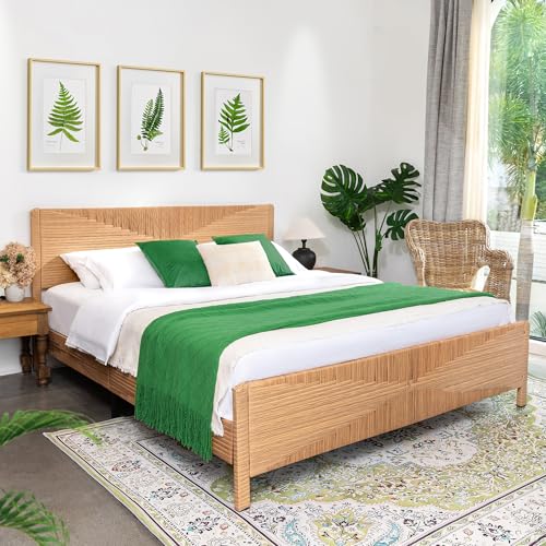 Hand-Woven PE Rattan King Bed Frame with Headboard and Footboard, Boho Mid Century Modern Bedframe with Vintage Pattern, Wicker Bed with Metal Frame and Slats, No Box Spring Needed, 1000lbs