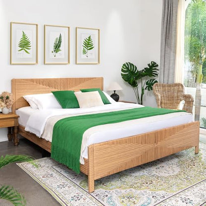 Hand-Woven PE Rattan King Bed Frame with Headboard and Footboard, Boho Mid Century Modern Bedframe with Vintage Pattern, Wicker Bed with Metal Frame and Slats, No Box Spring Needed, 1000lbs