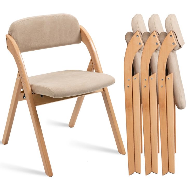 Folding Chairs with Cushion Padded Foldable Chiars 4 Pack | Wooden Dining Fold Seat with Removable Cover Extra Chair for Guests Kitchen Office Wedding Party Picnic, Khaki - color: Khaki, size: 4PCS