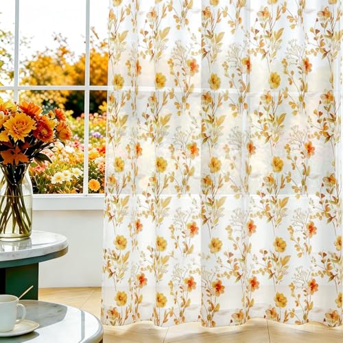 youleyar Fall Sheer Curtains for Living Room 63 Inches Long 2 Panels | Orange Semi-Sheer Curtain with Floral Printed Pattern Fall Rod Pocket Voile Drapes for Bedroom, 52" W x 63" L - color: Flall - Floral, size: 52"W x 63"L (Pack of 2)