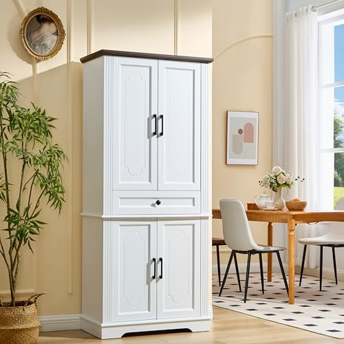 LIDYUK 71" White Tall Pantry Cabinet Storage Cabinet Kitchen Buffet Cabinet | Drawer and Adjustable Shelves, Modern Food Pantry Storage Cabinet, Coffee Bar, Living Room and Dining Room - color: White, size: 71"(H) x 31.5"(W) x 15.75"(D)