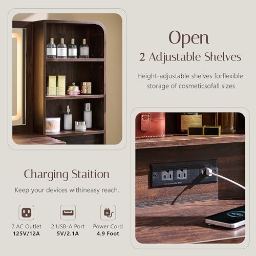 Aitjunz Vanity Desk with Mirror and Lights, 50” Modren Makeup Vanity with 35.43" Mirror and 5 Drawers, Makeup Table with Charging Station for Women and Girls, Bedroom (Brown) - color: Brown