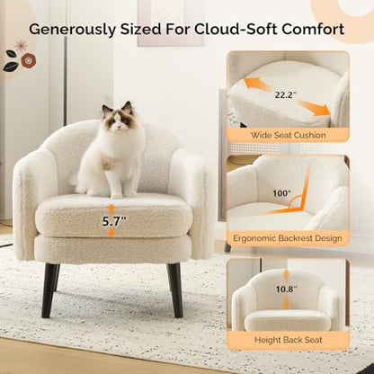 VINGLI 30.3" Wide Modern Barrel Accent Armchairs Set of 2 with Track Armrest, Solid Wooden Legs, Comfy Upholstered Club Chairs, Single Home Sofa for Living Room, Bedroom, Reading,Teddy Fleece White - color: White