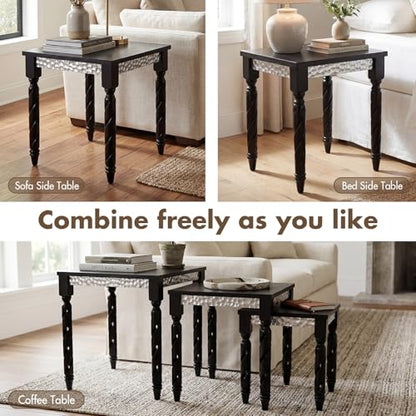 Hyfirm Black Nesting Tables Set of 3 - Mid Century Modern Accent End Tables with Durable Veneered Top, Spiral Wood Legs & Hexagonal Silver Apron, Ideal for Living Room, Bedroom & Small Apartments - color: Black Top+silver Apron