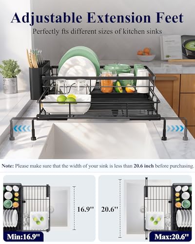 Kitsure Adjustable Dish Drying Rack, 15.6''-25.2''L × 16.9''W, Black | Large Dish Drying Rack, Rust-Resistant Dish Racks for Kitchen Counter, With Adjustable Support Legs, Cutlery Holder - color: Black