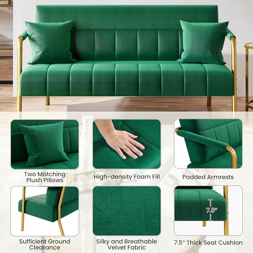 Yaheetech 56.5" Smal Sofa 2 Seater Couch with Gold-Tone Legs, Green | Small Sofa Loveseat Velve 2 Seater Couch with Tufted Back Gold Metal Frame 2 Pillows for Office, Studio,Living Room - color: Green, size: 56.5" W