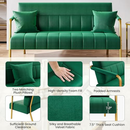 Yaheetech 56.5" Smal Sofa 2 Seater Couch with Gold-Tone Legs, Green | Small Sofa Loveseat Velve 2 Seater Couch with Tufted Back Gold Metal Frame 2 Pillows for Office, Studio,Living Room - color: Green, size: 56.5" W