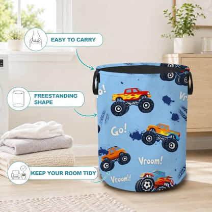 Blue Truck Collapsible Laundry Hamper,Racing Theme Waterproof Oxford Cloth Clothes Basket with Handles for Bathroom Bedroom Nursery Dorm Room,16" x 20" - color: Blue Truck,Racing Theme