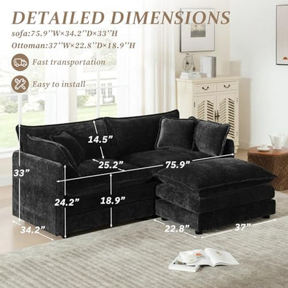 70.8" Chenille L Shaped Modular Sofa with Ottoman,Black | Randomly Assemble Modular Sofa Sets, Modern Recliner Deep Seat Sofa Set for Living Room,Office - color: Black, size: 2S+1O