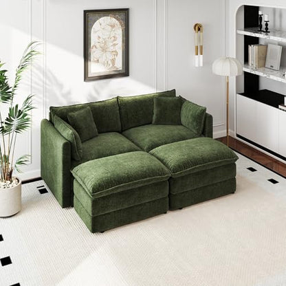 Aoowow Modular Sectional Sofa Modern Convertible Loveseat Couch,77.16 Inch Deep 2-Seater Sofas Comfy Chenille Cloud Sofas and Couches Set with 2 Movable Ottoman for Living Room Apartment（Green） - color: Green-new, size: 2 Seat + 2 Ottoman