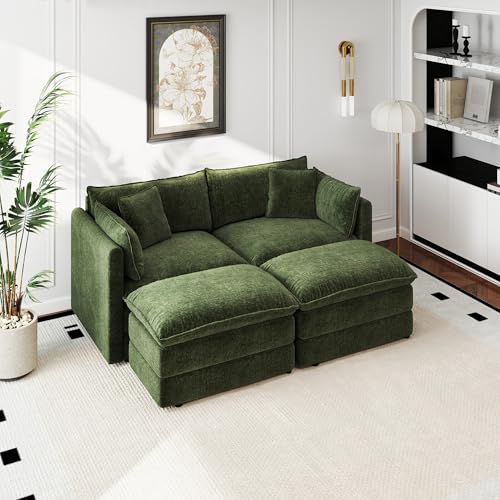 Aoowow Modular Sectional Sofa Modern Convertible Loveseat Couch,77.16 Inch Deep 2-Seater Sofas Comfy Chenille Cloud Sofas and Couches Set with 2 Movable Ottoman for Living Room Apartment（Green） - color: Green-new, size: 2 Seat + 2 Ottoman