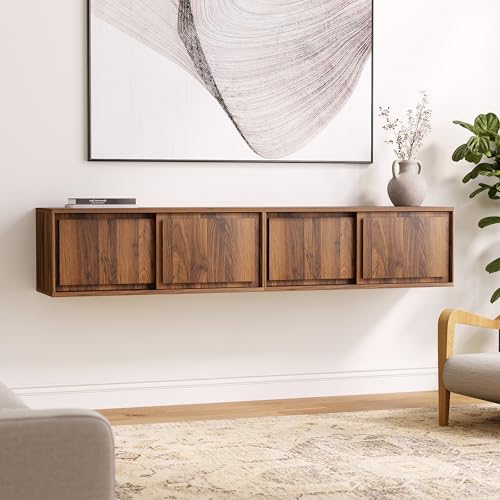 Floating TV Stands Set of 2, Modern Accent Nightstands Wall Mounted Bedside Table Handless Storage Cabinet with Sliding Doors for Living Room Bedroom, Brown - color: Brown, size: 2PCS