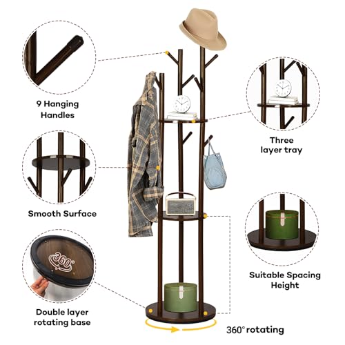 Freestanding Coat Rack, Solid Pine Wood Rotary Coat Tree with 3 Shelves and 9 Hanging Handles, Coat Hanger Stand for Bedroom, Entryway, Livingroom(Walnut Color)