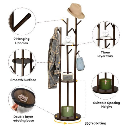 Freestanding Coat Rack, Solid Pine Wood Rotary Coat Tree with 3 Shelves and 9 Hanging Handles, Coat Hanger Stand for Bedroom, Entryway, Livingroom(Walnut Color)
