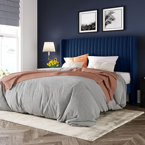 Allewie Queen Size Velvet Bed Frame/Vertical Channel Tufted Wingback Headboard/Upholstered Platform Bed/Strong Wooden Slats/No Box Spring Needed/Easy Assembly/Dark Blue - color: Blue, size: Queen
