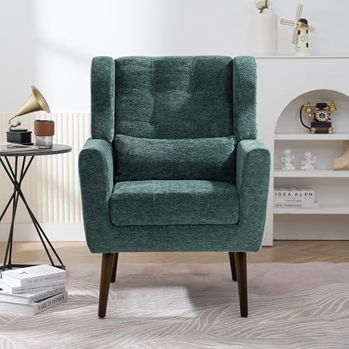 Accent Chair, Living Room Chairs with Solid Wood Legs & Pillow | Chairs Living Room with High Tufted Backrest, Reading Chair for Bedroom/Office, Chenille Fabric - color: Blackish Green