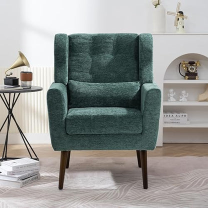 Accent Chair, Living Room Chairs with Solid Wood Legs & Pillow | Chairs Living Room with High Tufted Backrest, Reading Chair for Bedroom/Office, Chenille Fabric - color: Blackish Green