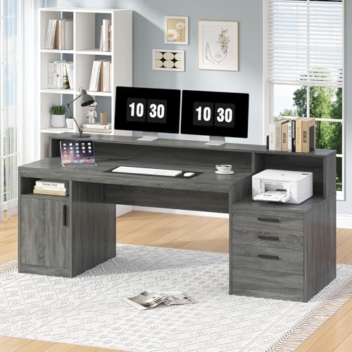 65" Computer Desk with 3 Drawers & Printer Shelf for Home Office | Office Desk with Printer Shelf & File Drawer, Executive Desk Writing Study Table with Monitor Stand, Dark Grey - color: Dark Gray