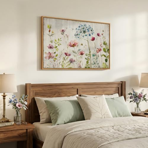 Framed Vintage Floral Wall Art, Rustic Colorful Flower Canvas Prints Artwork for Walls, Natural Watercolor Botanical Wildflower Pictures for Living Room Bedroom Dining Room Office Wall Decor, 24x36 In - color: Multi & Pastels