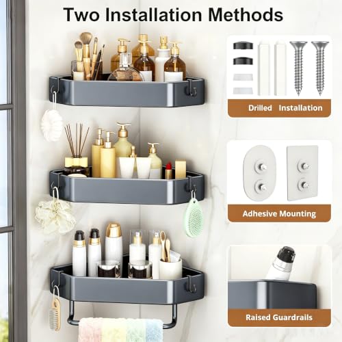 3-Tier Corner Shower Caddy, Rustproof Shower Shelf, Adhesive/Drill | Adhesive/drill, Fits tile/marble/glass, 6 hooks & towel bar, for renters & apartments, kitchen, laundry, grey