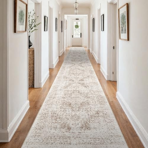 3x25 Washable Runner Rug: Vintage Non Slip Long Hallway Rugs IvoryBeige | Stain Resistant Easy Care Thin Rug Versatile Home Decor Ideal for Entryway Kitchen Living Room & Daily Indoor Walkway Use - color: Ivory/Beige, size: 3x25