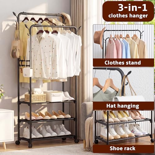 Double Rod Rolling Metal Clothes Rack | Freestanding Garment Organizer With Wheels, Hooks & Shelves, Multi-Functional Storage For Shoes, Clothes & Bags, Ideal For Bedroom Laundry Living Room