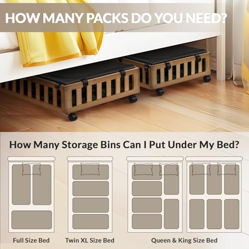 Gashell 2 Pack Bamboo Under Bed Storage with Wheels, 39”x20”x7.8” Lager Under Bed Storage Containers (Brown)