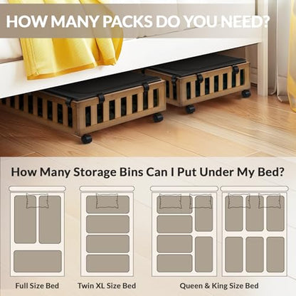 Gashell 2 Pack Bamboo Under Bed Storage with Wheels, 39”x20”x7.8” Lager Under Bed Storage Containers (Brown)